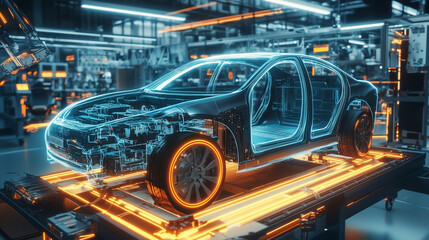 Fototapeta premium Futuristic Electric Car Manufacturing with Advanced Technology in High-Tech Assembly Line