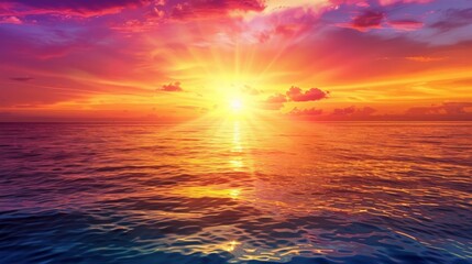 Fototapeta premium Sun setting behind a distant horizon, casting vibrant colors across a calm ocean with ample space in the sky for text