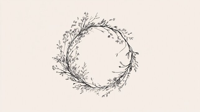 104.A minimalist, hand-drawn circular frame made of delicate branches, leaves, and tiny flowers, forming a balanced wreath in a soft, elegant line art style, perfect for wedding invitations or logo