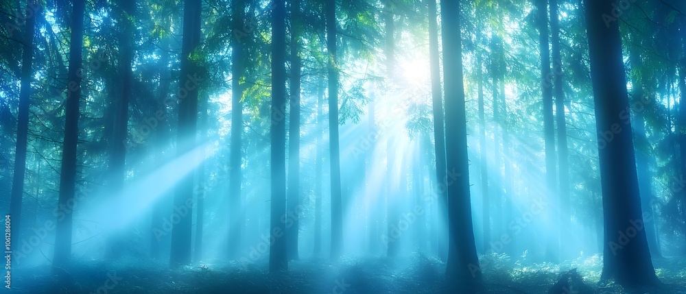 Poster a forest with trees and sunlight shining through the trees