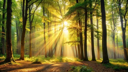 Obraz premium Soaring trees with golden light filtering through leaves in a forest clearing, trees, organic, woodland