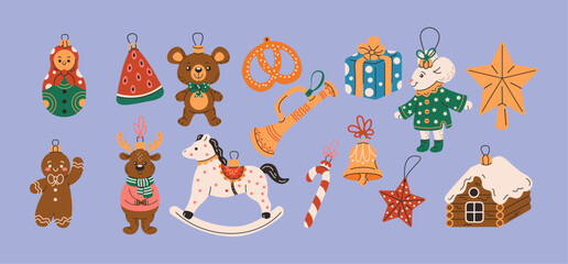 Christmas trees ornaments flat color vector objects set. Cute winter holiday decorative baubles illustrations bundle on purple background