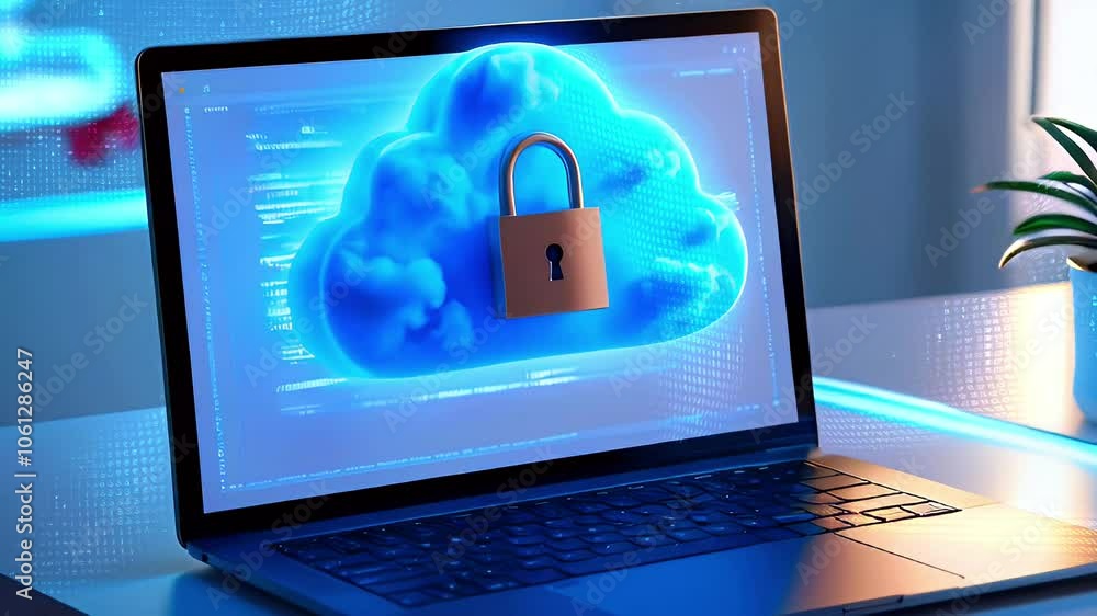 Poster a laptop displaying a blue cloud with a padlock inside, representing secure cloud storage.