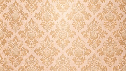 Soft peachy pink damask patterned wallpaper with intricate gold trim and subtle texture, decorative accents, interior design, gold accent