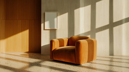 modern orange chair minimalist interior design living room sunlight