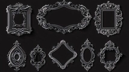 30.A set of vintage ornamental frames with elaborate designs and classic decorative elements, featuring swirling borders in a variety of shapes, ideal for wedding labels, sale stickers, or elegant