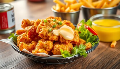 Close up of crispy fried chicken with sauce, lettuce, tomato, and french fries in a bowl on wooden table.