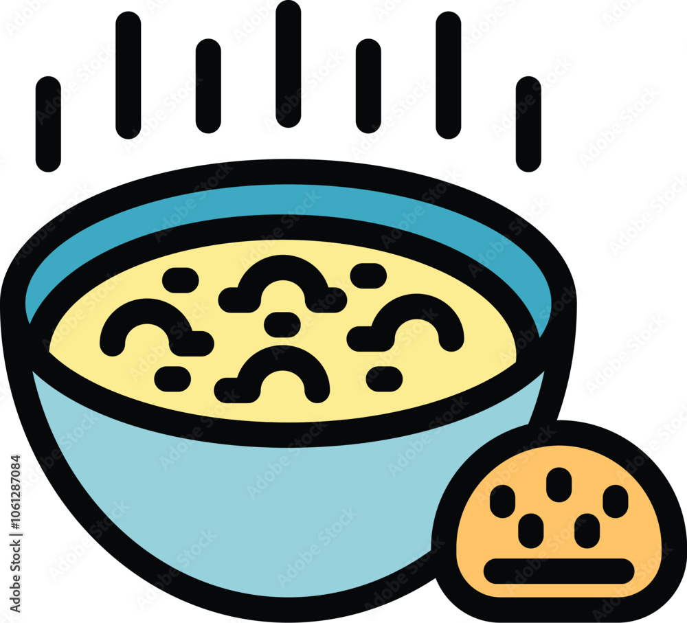 Poster this simple icon features a steaming hot bowl of soup with a side bread roll, perfect for representi