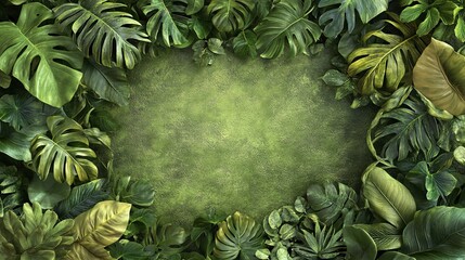 Fototapeta premium 16.A tropical border frame featuring jungle lianas, thick ivy vines, and wide monstera leaves, creating a green, leafy pattern that wraps around the edges of the frame, perfect for jungle-themed