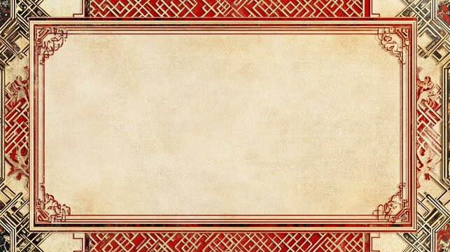 50.A traditional Chinese frame with bold red and gold geometric patterns, featuring intricate lattice designs along the edges, creating an elegant border around a light-colored background with copy