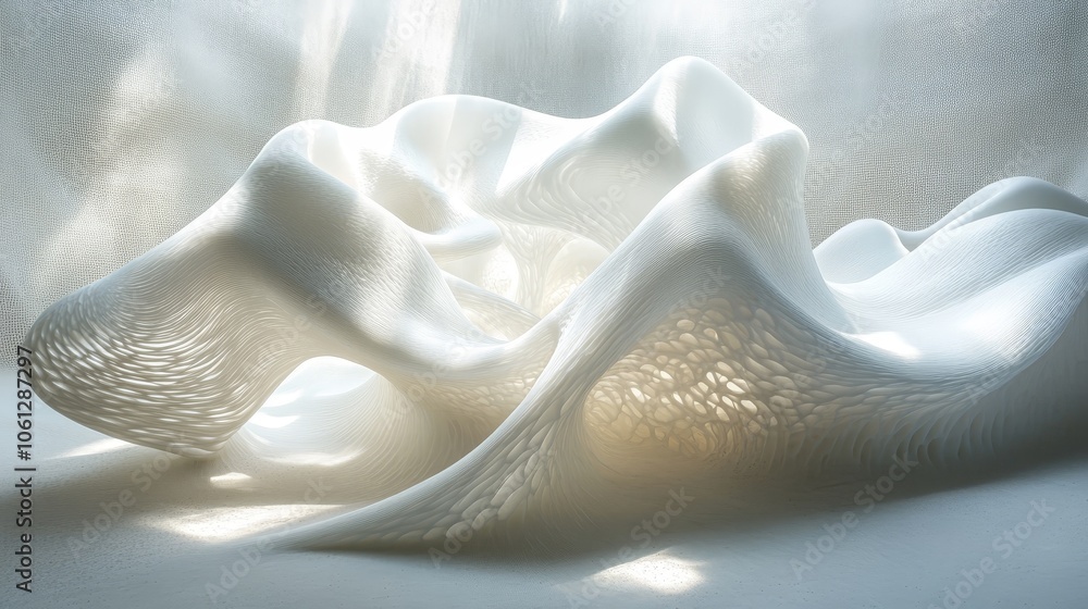 Poster smooth, flowing white lines and curves on a light background create an elegant composition that conv