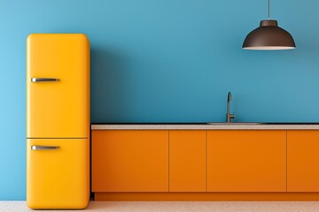 A modern kitchen features a vibrant yellow fridge against a calming blue wall, complemented by orange cabinetry and sleek fixtures, creating a retro aesthetic.
