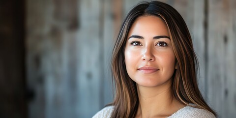 Fototapeta premium Natural Portrait of a Young Woman with Long Hair Against a Rustic Background