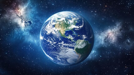 Obraz premium A cinematic shot of Earth from space, with delicate cloud formations floating over the continents and oceans, set against a dark, starry space background,