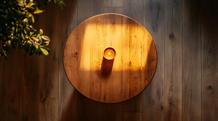 warm wooden tabletop with candle light and shadow
