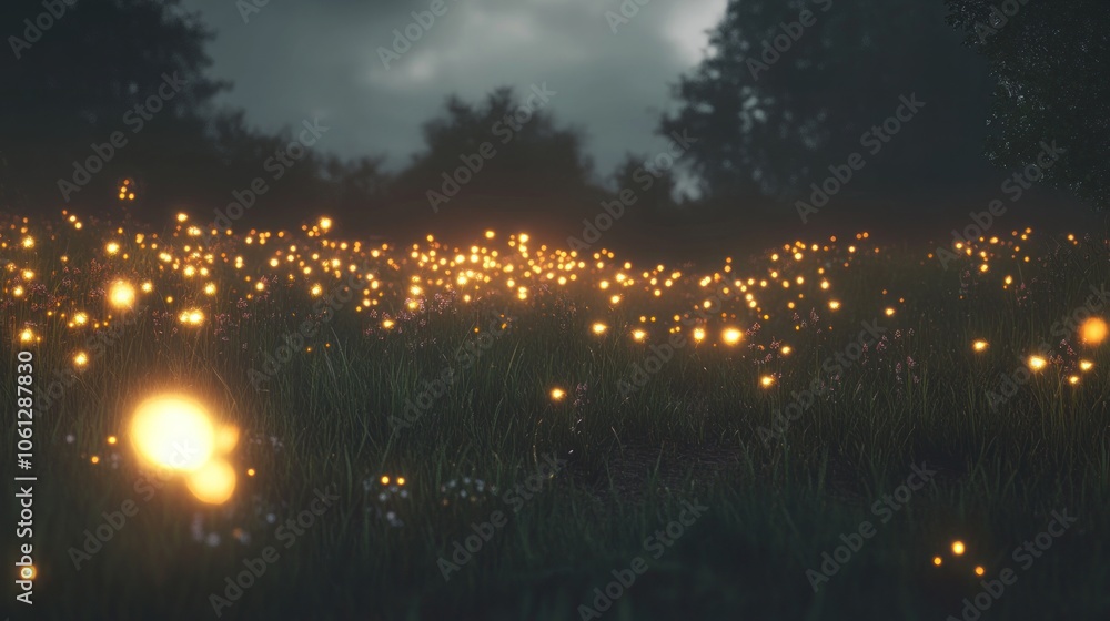 Poster a field of glowing fireflies in the night, with trees in the background and a cloudy sky.