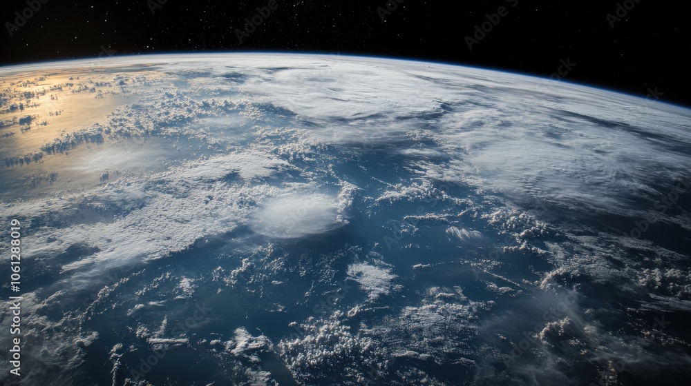 Poster a cinematic view of planet earth from space, with swirling clouds and vibrant oceans, surrounded by 