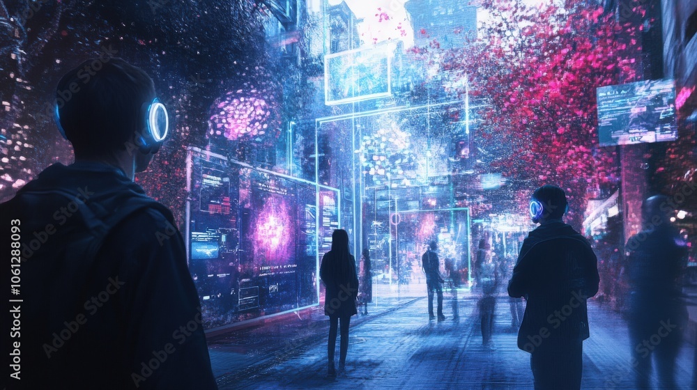 Poster a concept of futuristic internet communication where digital avatars and ai-generated environments e