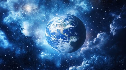 Obraz premium A cinematic space scene featuring planet Earth, with swirling white clouds and blue oceans, illuminated by sunlight,