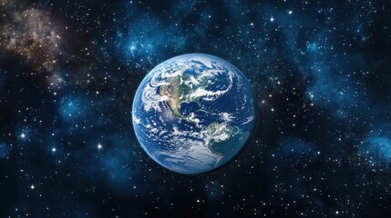 A cinematic view of planet Earth from space, with swirling clouds and vibrant oceans, surrounded by the dark, star-filled void, capturing the planet fragile existence in the universe