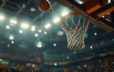 Basketball Hoop and Net with Blurred Crowd in Stadium