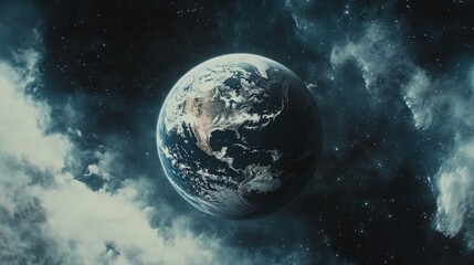 A high-definition cinematic shot of Earth, with wispy clouds encircling the globe, as the planet drifts through the quiet expanse of space, surrounded by distant stars
