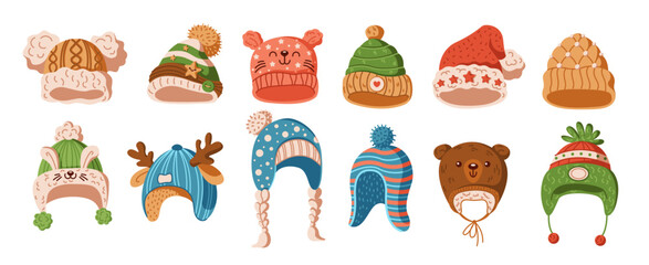 Cute winter knitted hats with holiday motifs flat color vector objects set. Christmas headdress for kids with festive design illustrations on white