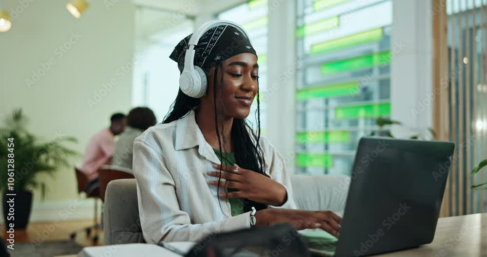 Poster black woman, laptop and student with headphones, sound and dancing with module assignment. female pe