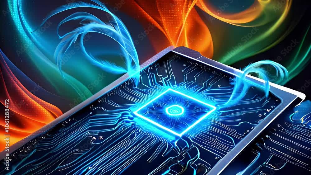 Poster abstract digital technology concept with glowing lines and a chip in the center.