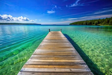 Fototapeta premium Wooden dock on crystal clear blue Torch Lake in Northern Michigan macro