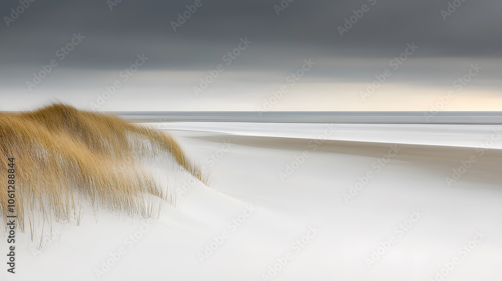 Poster a tranquil beach scene featuring gentle waves, soft sandy dunes, and muted skies, creating a serene 
