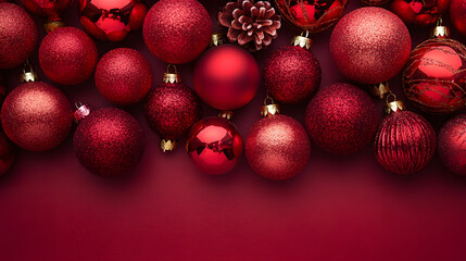 A festive arrangement of shiny red Christmas ornaments on a deep red background, perfect for holiday decoration themes.