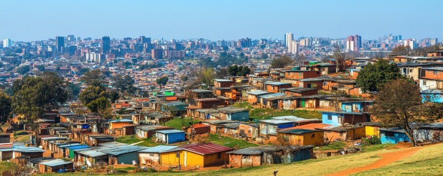 A panoramic view of colorful informal housing against a city skyline.