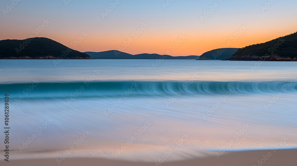 Poster a tranquil seaside view at sunset, showcasing gentle waves and distant hills, creating a serene atmo