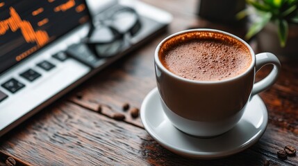 Coffee and financial elements showcase the lively atmosphere in which financial professionals enjoy beverages while discussing market trends and investment opportunities