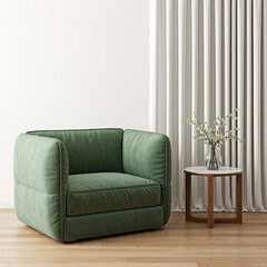 green armchair in minimalist living room with white curtains and wooden table