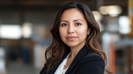 Confident Businesswoman in Professional Attire with a Modern Industrial Background