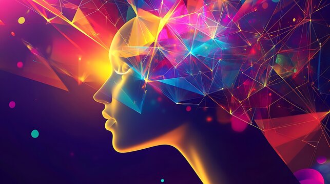 Avatar with an abstract, geometric face and colorful digital background