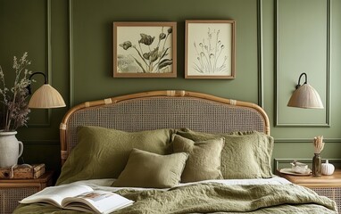 Sage green bedroom interior showcasing a stylish rattan bed adorned with elegant personal accessories. 