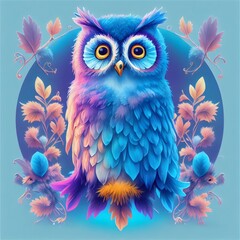 Obraz premium A vibrantly colored owl with intricate feather details is surrounded by stylized foliage against a soft blue background. The combination of bright purples and blues makes it whimsical and enchanting 