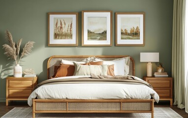 Fototapeta premium Sage green bedroom interior showcasing a stylish rattan bed adorned with elegant personal accessories. 