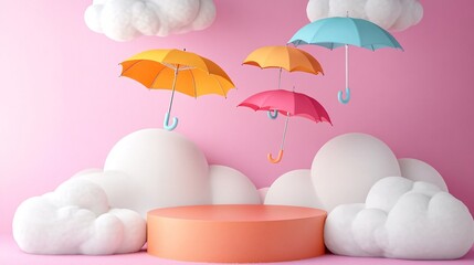 9.A circular podium with vibrant umbrellas floating around it, positioned below fluffy clouds, creating a playful and inviting setting for product displays during the rainy season.