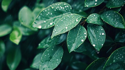 Fototapeta premium 20.Droplets of rain cascading off vibrant green leaves on a gloomy day, with a gray sky in the background, evoking the peaceful calm of a rainy season that cleanses the air.