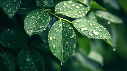 Fototapeta premium 20.Droplets of rain cascading off vibrant green leaves on a gloomy day, with a gray sky in the background, evoking the peaceful calm of a rainy season that cleanses the air.