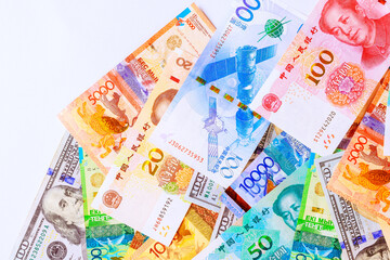 Chinese yuan, US dollars, Kazakhstan tenge banknotes are part of global trade, economic, international business network