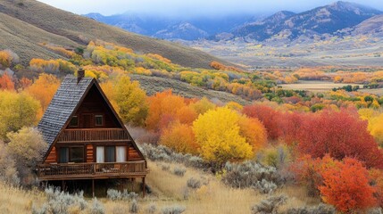 A-frame cabin nestled in the fall foliage of a mountain valley.