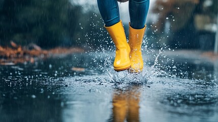 27.A woman in vibrant yellow boots leaping into a rain-filled puddle, the splash frozen in time, evoking a playful, carefree energy against a rainy backdrop.