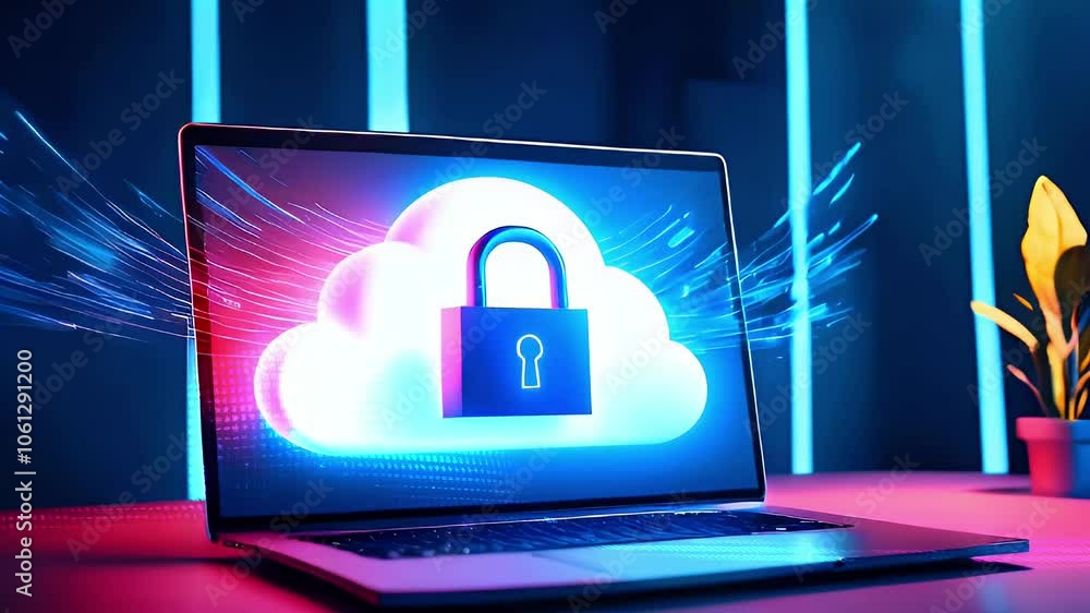 Poster a glowing cloud with a padlock on a laptop screen, a symbol of secure data storage.