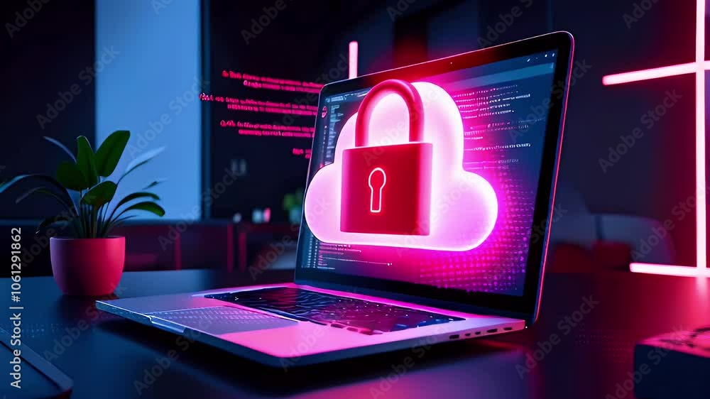 Aufkleber laptop with a glowing cloud and padlock icon representing data security.