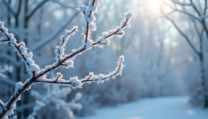 Frost-covered branches in a snowy forest landscape with a serene winter atmosphere